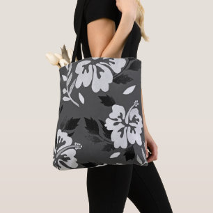 Bolsa Tote Saco de dedos do Hibiscus, flores pretas e brancas