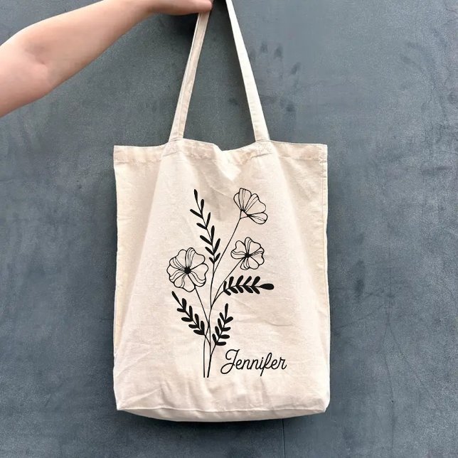 Bolsa Tote Saco de Flores com Nome Personalizado para Mãe, Av (personalized tote bag, bridesmaid gift, bridesmaid proposal tote, baby shower gift, bridal shower)