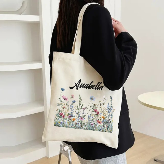 Bolsa Tote Saco de Flores Silvestres Personalizadas para Aniv (personalized name tote, bridesmaid gift, bridesmaid proposal tote, bridal shower gift, bachelorette)