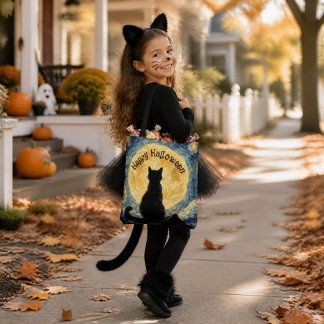 Bolsa Tote Saco de Halloween de Gato Preto Estilo Van Gogh