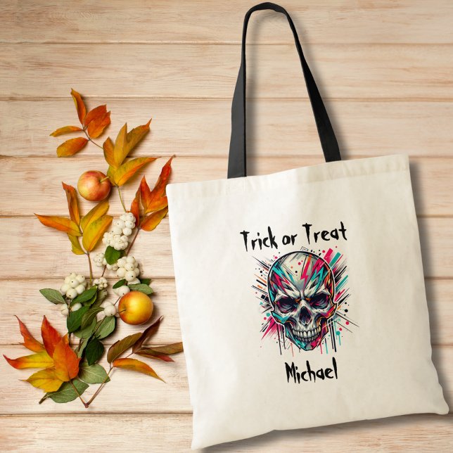 Bolsa Tote Saco de Halloween para menino com caveira abstrata (Criador carregado)