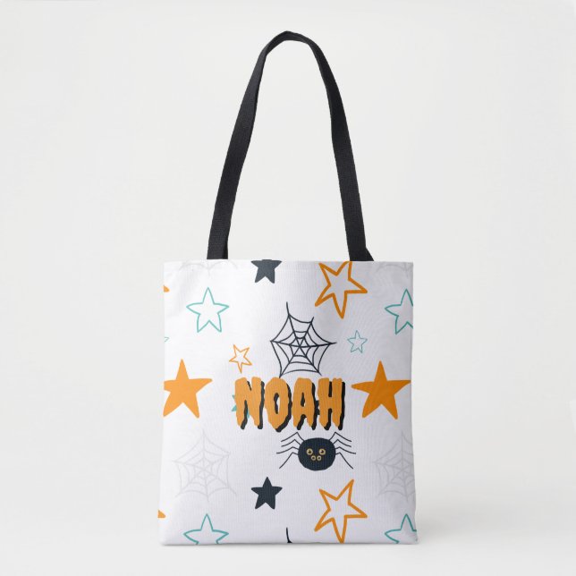 Bolsa Tote Saco de Halloween Personalizado - Aranhas e Estrel (Frente)