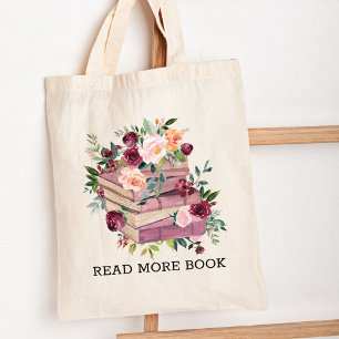Bolsa Tote Saco de leitura floral com livro e rosa Citação de