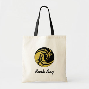Bolsa Tote Saco de livros yin yang, preto e dourado