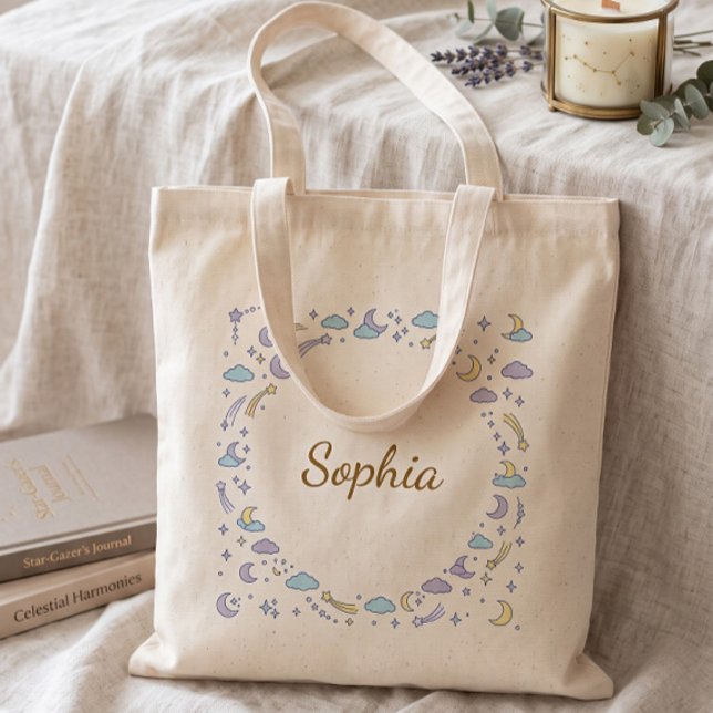 Bolsa Tote Saco de Lona Celestial com Nome em Pastel Personal (Criador carregado)
