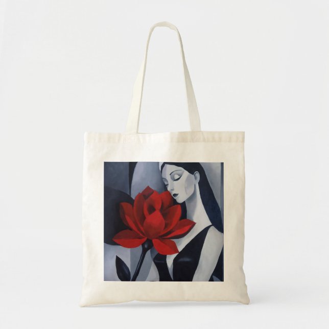 Bolsa Tote Saco de Lona com Arte Moderna de Mulher com Rosa V (Frente)
