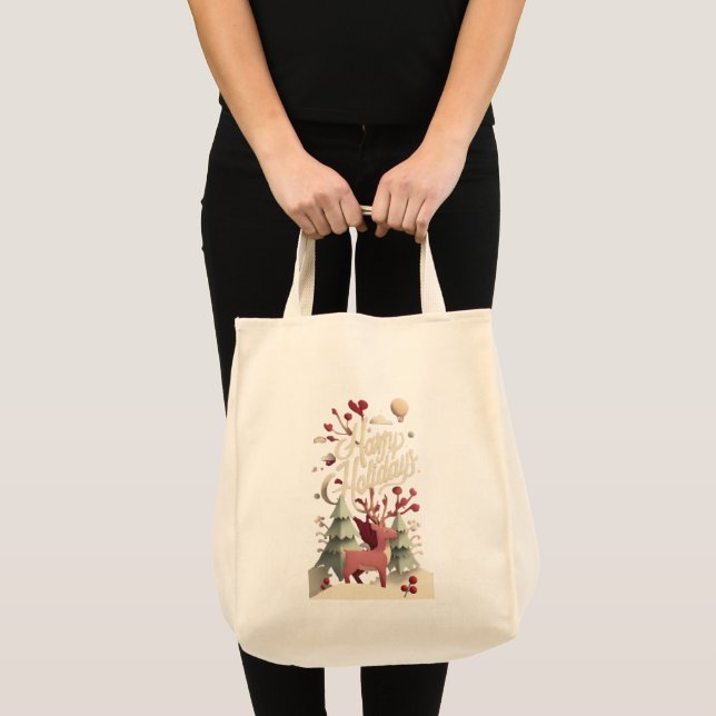 Bolsa Tote Saco de Lona com Rena de Natal 'Feliz Natal' (Frente (produto))