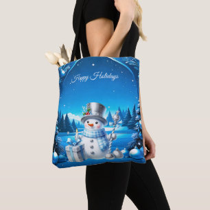 Bolsa Tote Saco de mão alegre do boneco de neve numa floresta