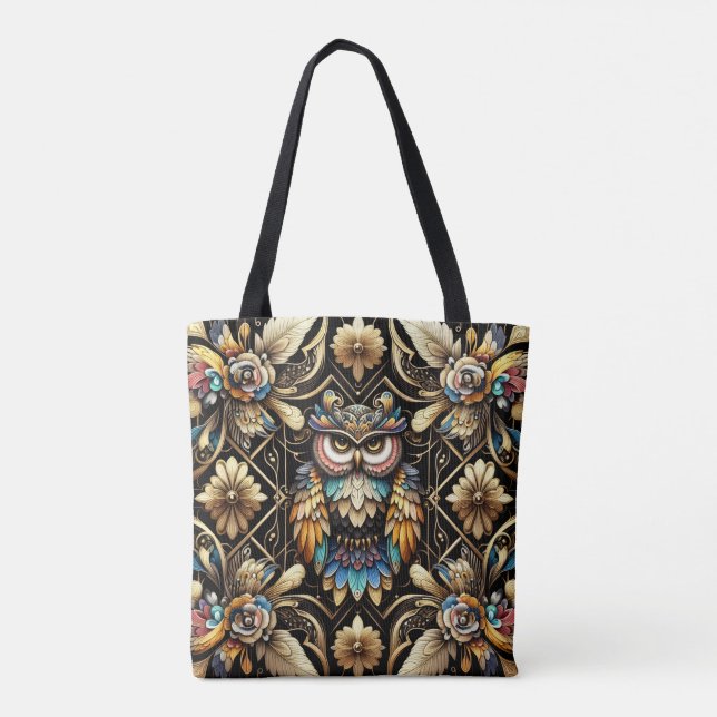 Bolsa Tote Saco de mão Art Deco Rainbow Owls (Verso)