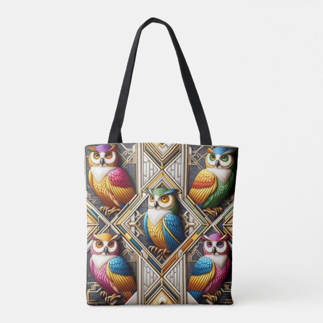 Bolsa Tote Saco de Mão Art Deco Rainbow Owls (Verso)