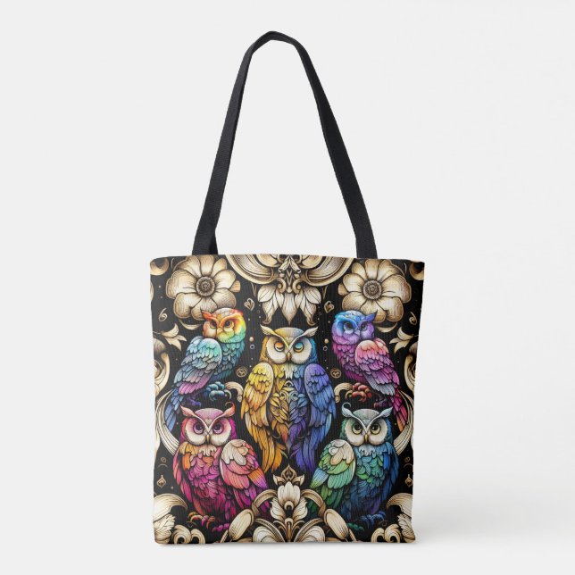 Bolsa Tote Saco de Mão Art Deco Rainbow Owls (Verso)