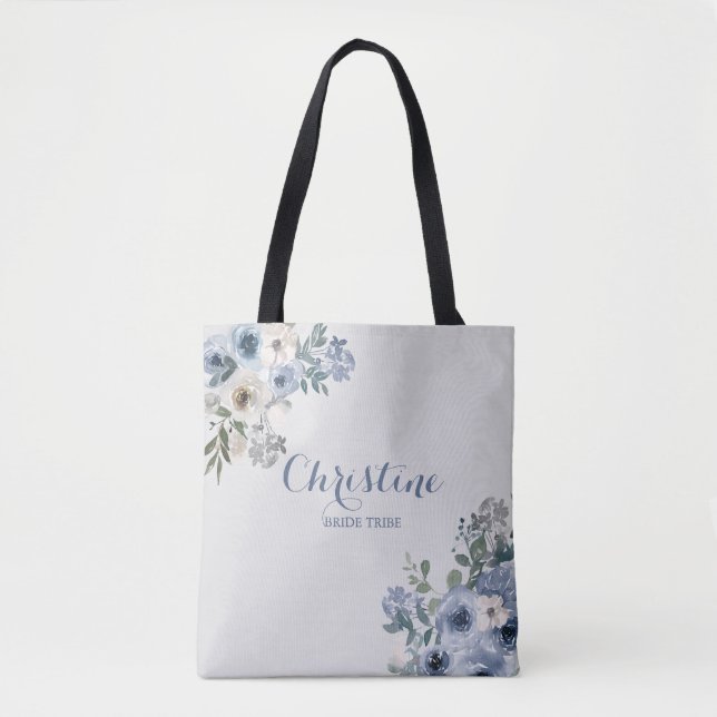 Bolsa Tote Saco de mão azul empoeirado branco floral para a t (Frente)