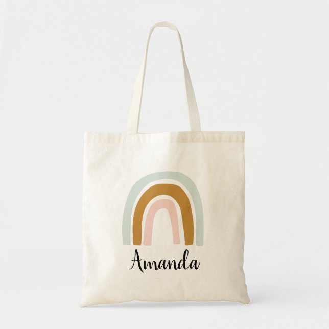 Bolsa Tote Saco de mão com arco-íris de nome personalizado (Frente)