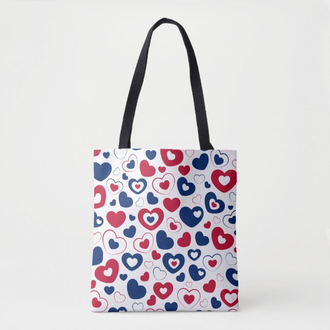 Bolsa Tote Saco de mão com Corações Vermelhos e Azuis (Frente)
