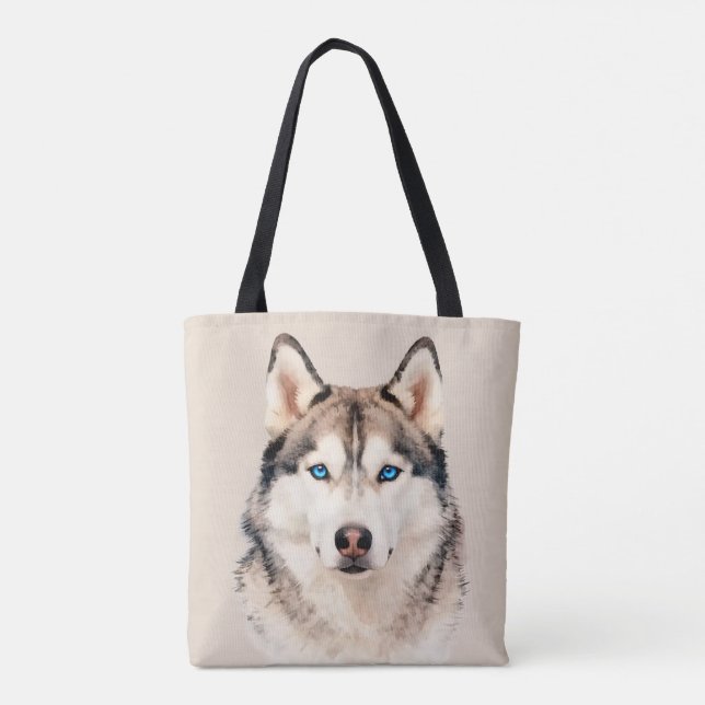 Bolsa Tote Saco de mão com design de arte de cachorro Husky (Verso)