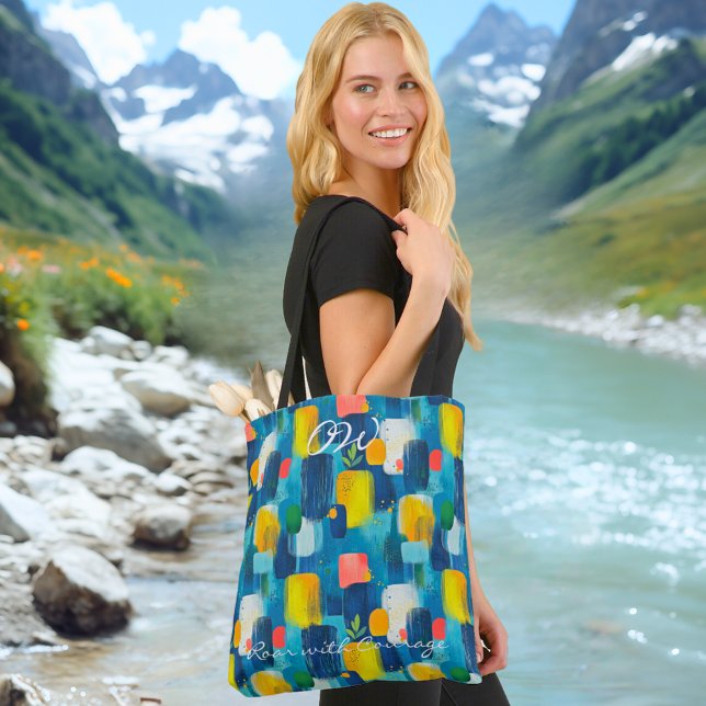 Bolsa Tote Saco de mão com design geométrico abstrato azul e  (Criador carregado)