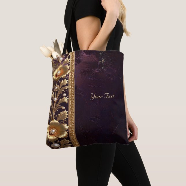 Bolsa Tote Saco de Mão com Enfeite Floral Dourado com Pérolas (Close Up)