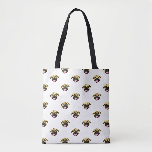 Bolsa Tote Saco de mão com estampa de Pug Branco (Frente)
