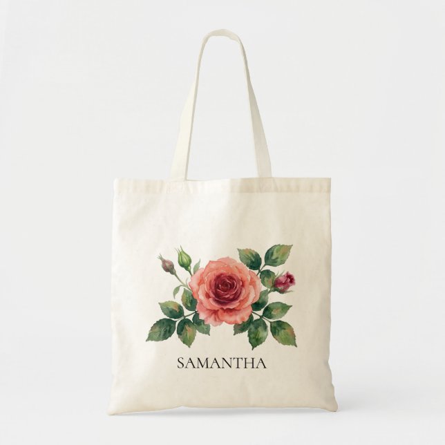 Bolsa Tote Saco de mão com Flor de Rosa em Aquarela (Frente)