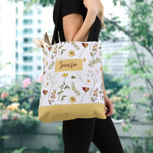 Bolsa Tote Saco de mão com flores silvestres amarelas e laran (Criador carregado)