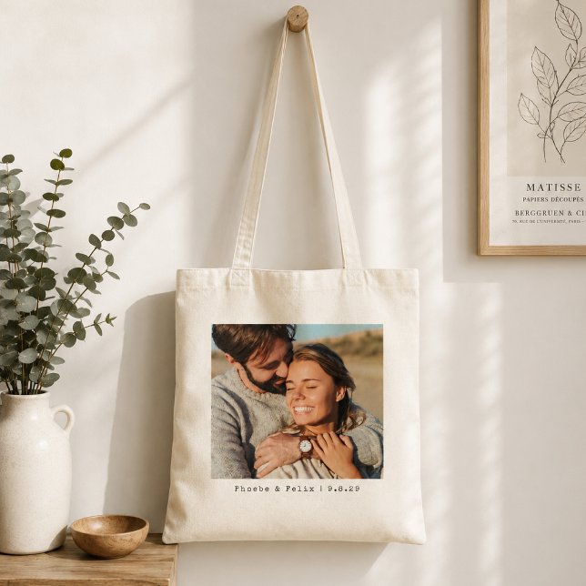 Bolsa Tote Saco de mão com foto de casal | Lembrança personal (Personalized couple photo tote bag with custom names and date for a thoughtful keepsake gift.)