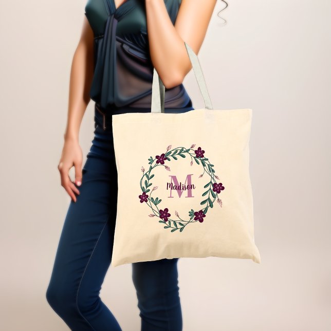 Bolsa Tote Saco de mão com monograma caprichoso para lembranc (Personalized Elegance 🌿💜)