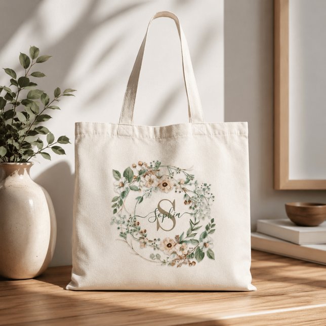Bolsa Tote Saco de Mão com Monograma de Nome Floral Personali (Criador carregado)