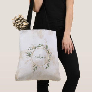 Bolsa Tote Saco de mão com monograma inicial floral em verde-