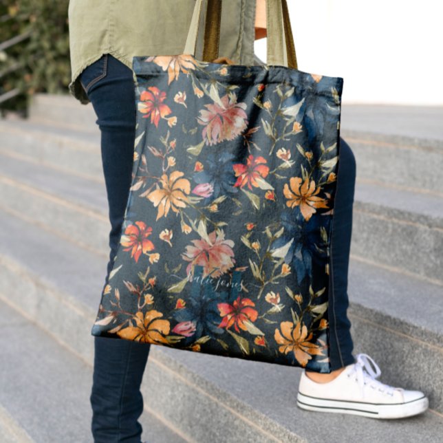 Bolsa Tote Saco de mão com monograma | Padrão de flores silve (Criador carregado)