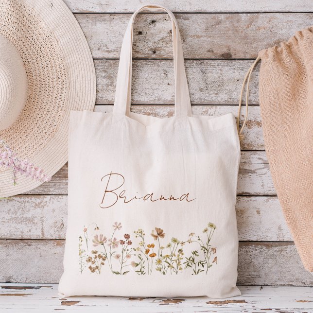 Bolsa Tote Saco de mão com nome de madrinha Boho de flores si (Criador carregado)