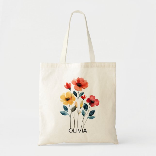 Bolsa Tote Saco de mão com nome de madrinha Wildflower (Frente)