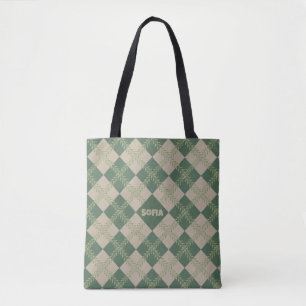 Bolsa Tote Saco de mão com nome em padrão Argyle verde vermel