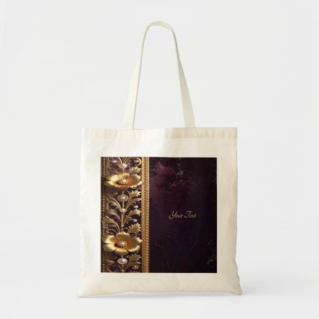 Bolsa Tote Saco de Mão com Ornamento Floral Dourado com Pérol (Frente)
