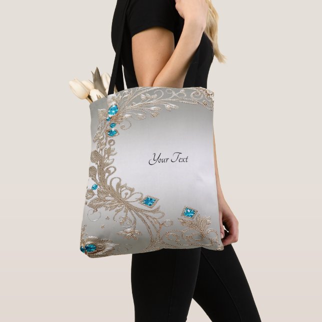 Bolsa Tote Saco de mão com pedras azuis douradas embelezadas (Close Up)