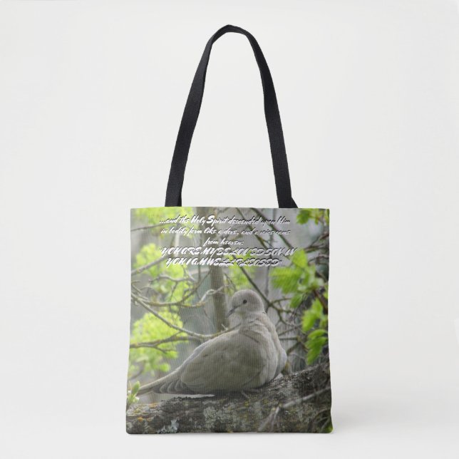 Bolsa Tote Saco de mão com pombo de dois lados e versículo da (Frente)
