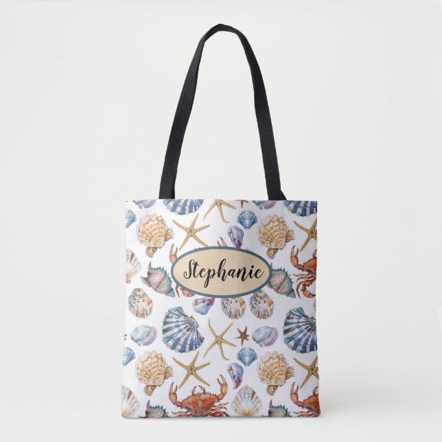 Bolsa Tote Saco de mão com tema personalizado de conchas mari (Frente)