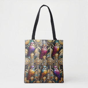 Bolsa Tote Saco de mão de corujas em arco-íris Art Deco