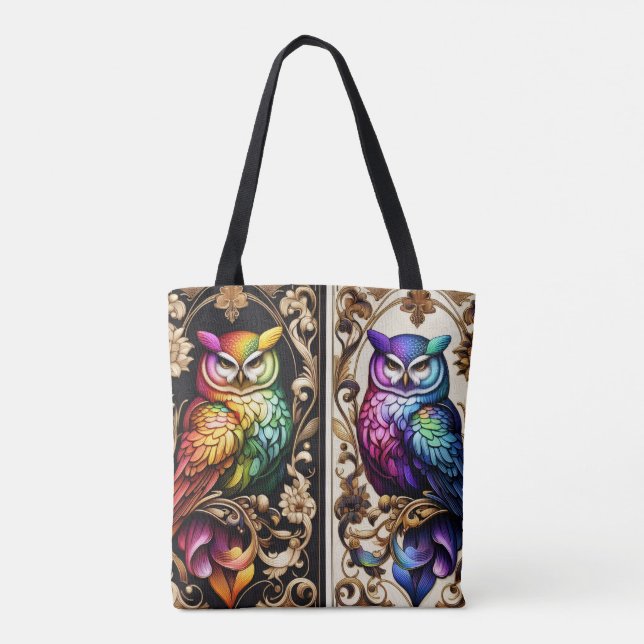 Bolsa Tote Saco de mão de corujas em arco-íris Art Deco (Verso)