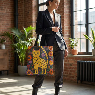 Bolsa Tote Saco de mão de gato colorido com padrão floral e c