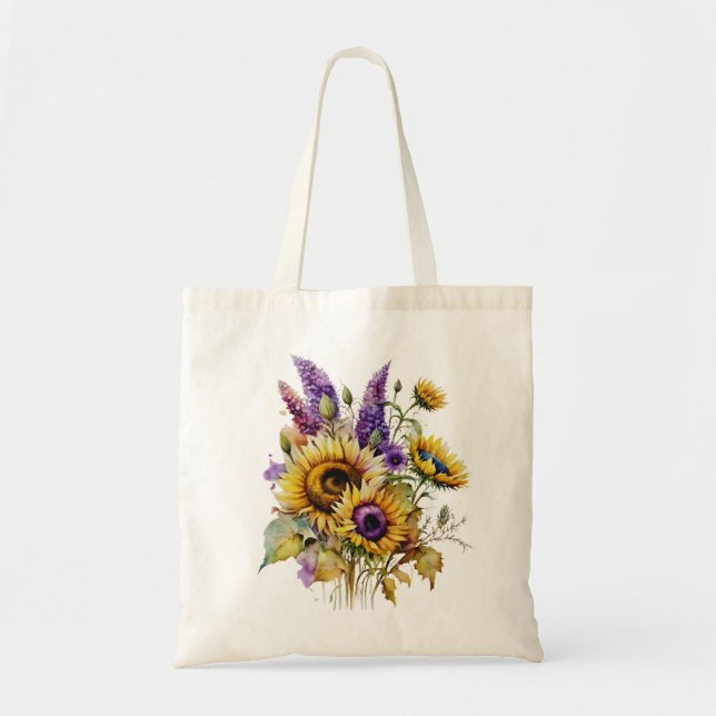 Bolsa Tote Saco de mão de Girassol e Lavanda (Frente)
