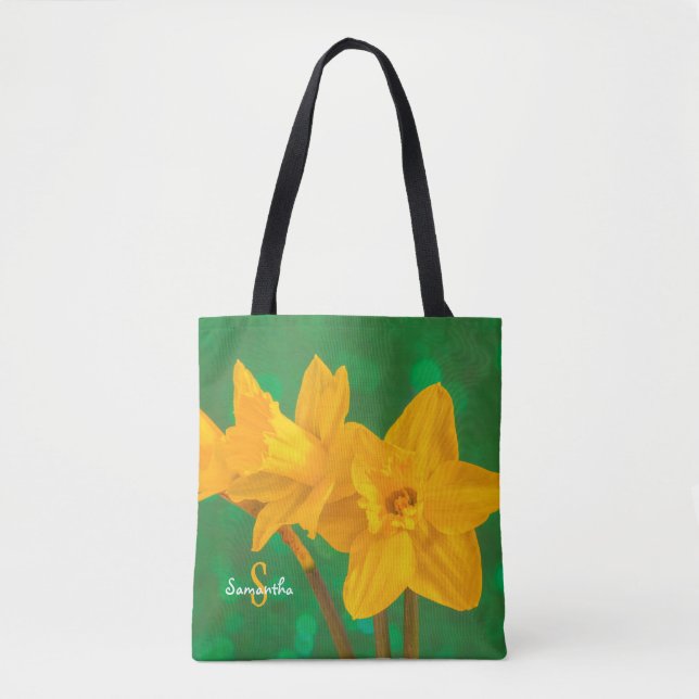 Bolsa Tote Saco de mão de narcisos em verde (Frente)