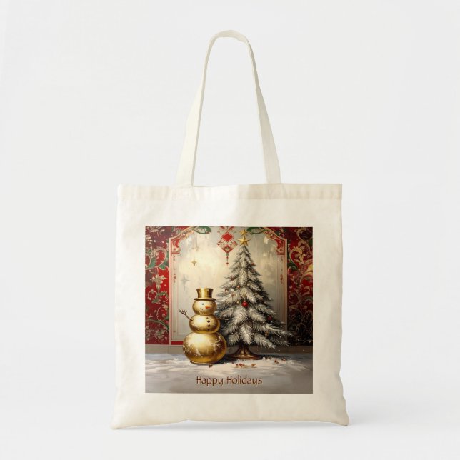 Bolsa Tote Saco de mão de Natal com boneco de neve dourado e  (Frente)