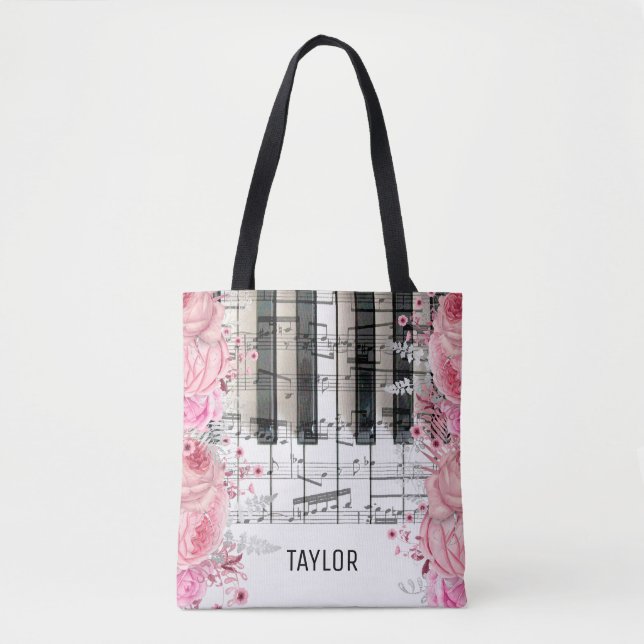 Bolsa Tote saco de mão de piano notas musicais flores rosa (Frente)