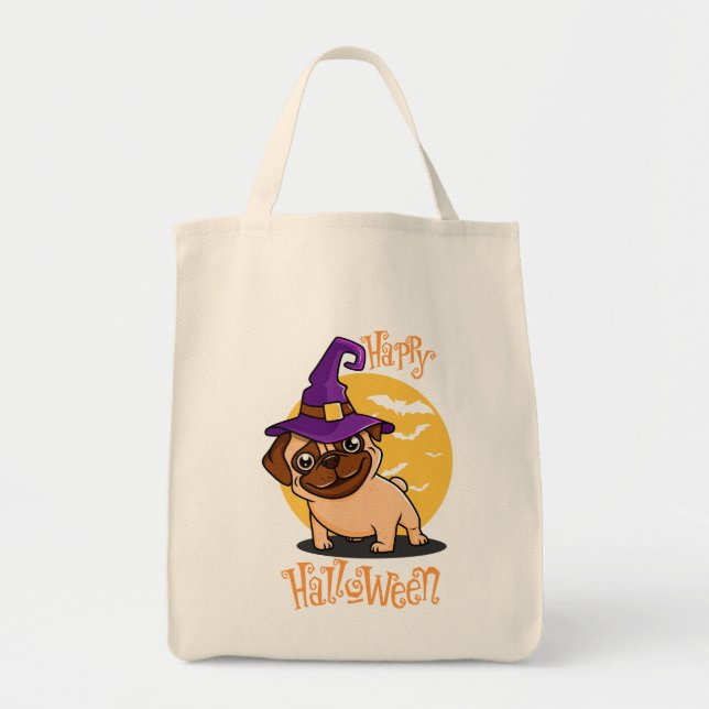 Bolsa Tote Saco de mão de Pug do Halloween (Frente)