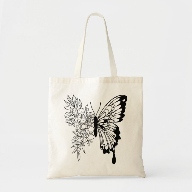 Bolsa Tote Saco de mão floral borboleta (Frente)