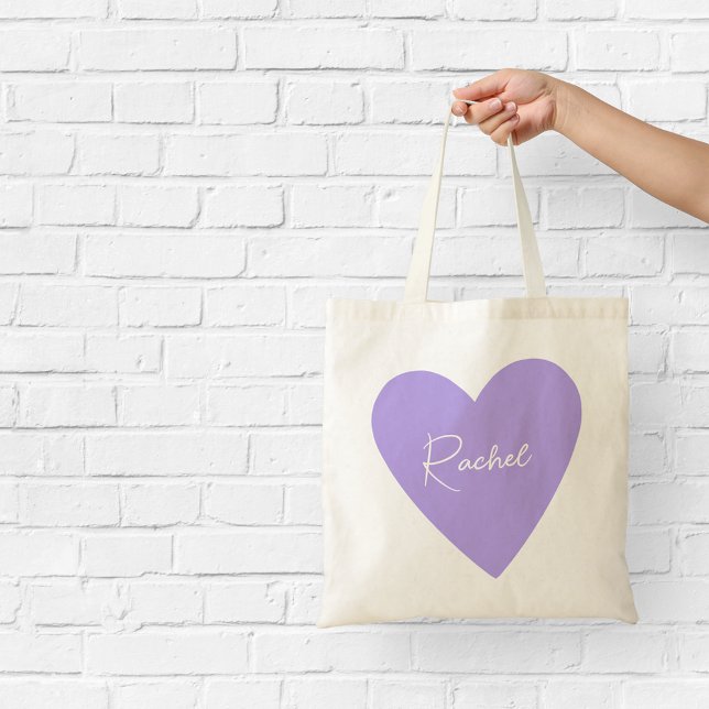 Bolsa Tote Saco de mão Girly Purple Heart com Nome (Criador carregado)