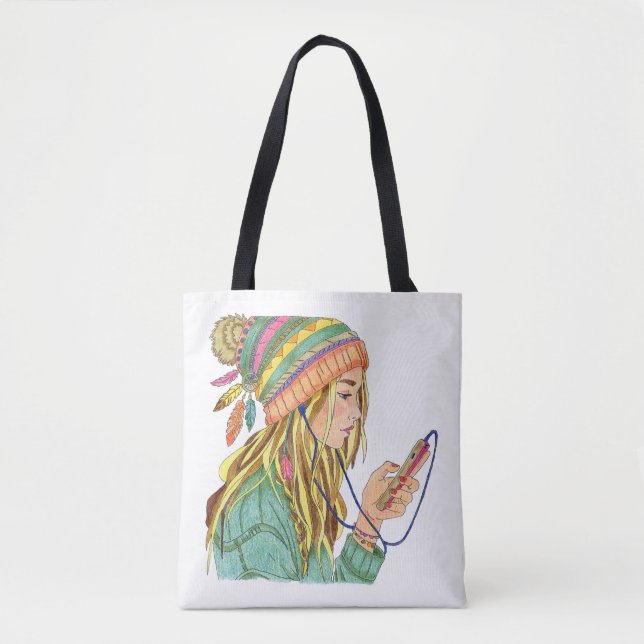 Bolsa Tote Saco de mão menina de chapéu Boho (Frente)