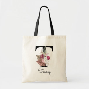 Bolsa Tote Saco de mão Monograma Rosa Boho Floral Inicial T