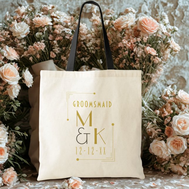 Bolsa Tote Saco de mão para casamento Art Deco dos anos 1920  (Art Deco 1920s Gatsby Wedding Tote Bag with space for your name and wedding date)