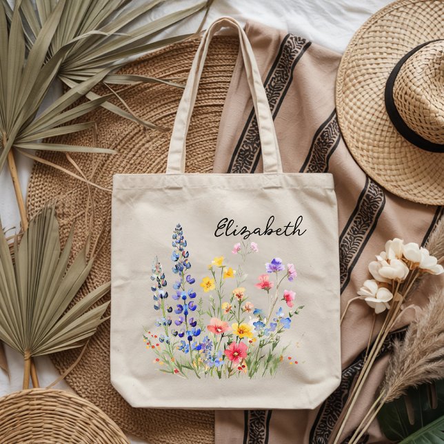 Bolsa Tote Saco de mão personalizado com aquarela de flores s (Personalized watercolor wildflower tote bag gift for her, Custom floral tote bag for mom or grandma )